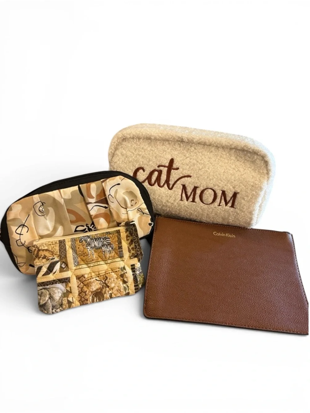 Calvin Klein Brown Pebbled Leather Zip Pouch with Cream 'Cat MOM' Sherpa Pouch